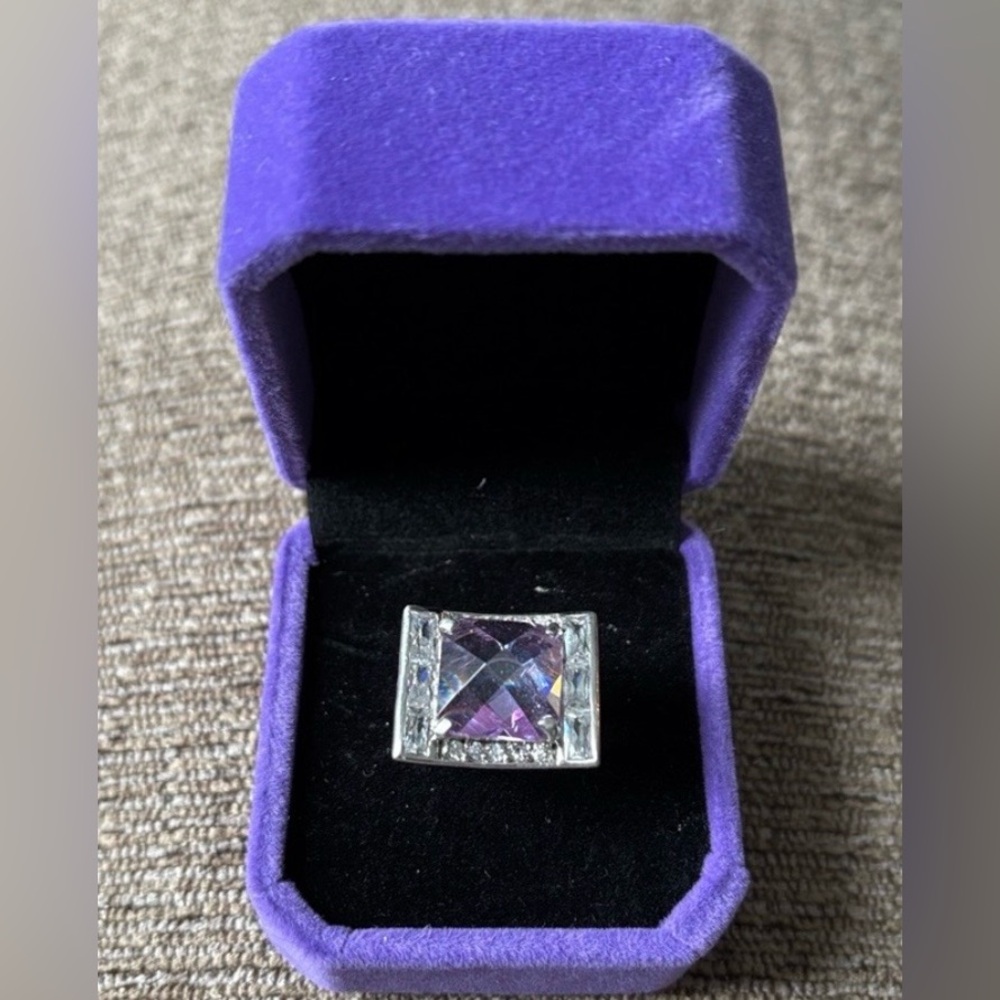 🟥Brand New 925 Sterling Silver Purple CZ Cocktail Ring - Square Cut Crystal Acce